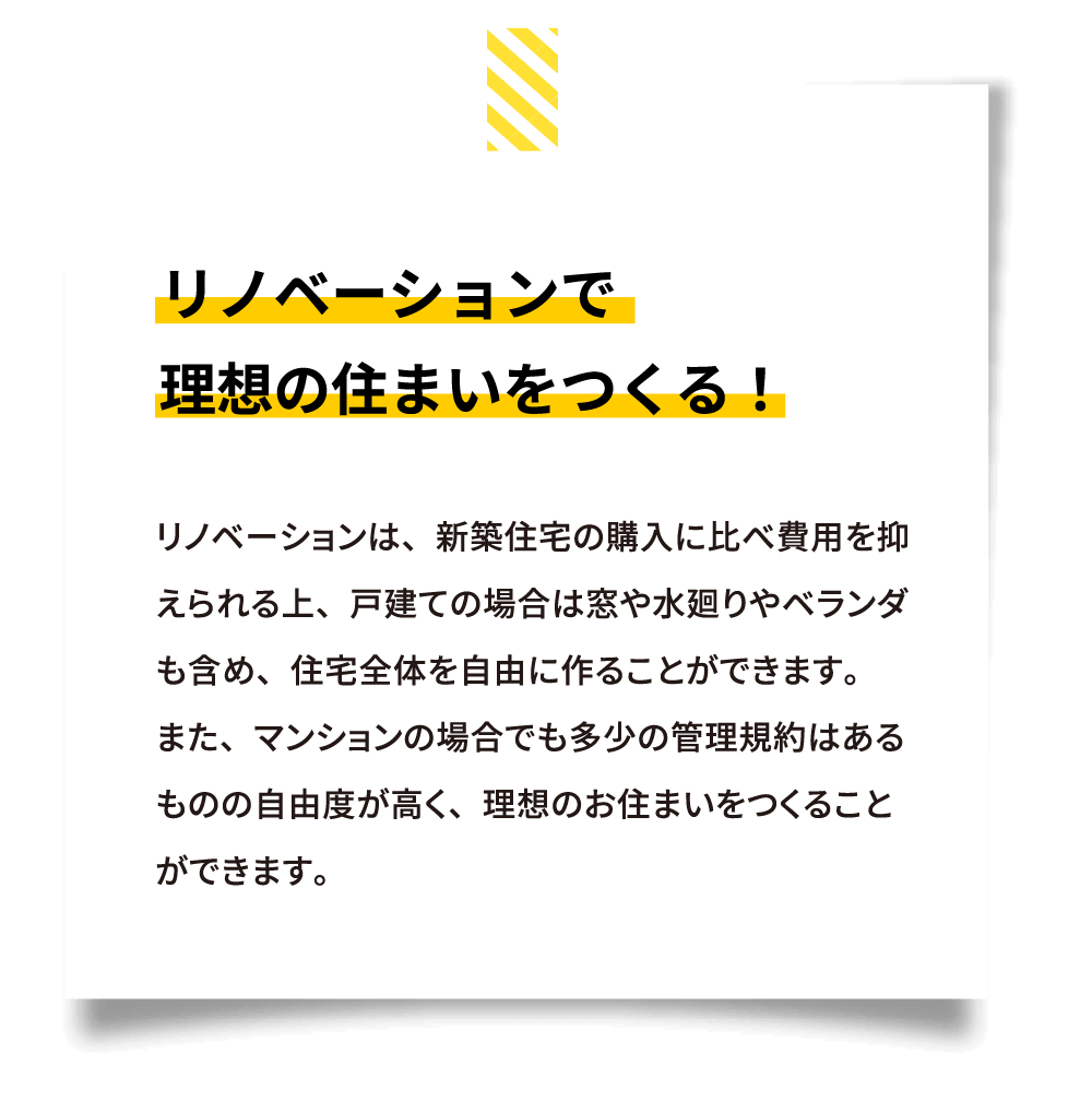 リノベーションは、新築住宅の購入に比べ費用を抑えられる上、戸建ての場合は窓や水廻り、ベランダも含め、住宅全体を自由に作ることができ、マンションの場合でも多少の管理規約はあるものの自由度が高く、理想のお住まいをつくることができます。